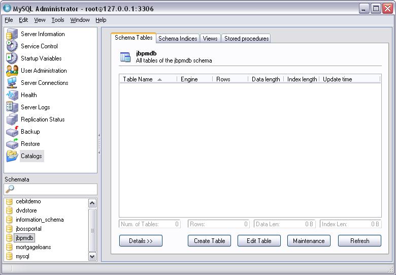 The MySQL Administrator after creating the jbpm database under MySQL